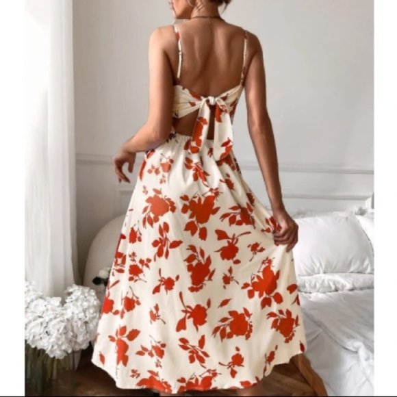 floral leaves print tie back cami maxi dress - Picture 3 of 9